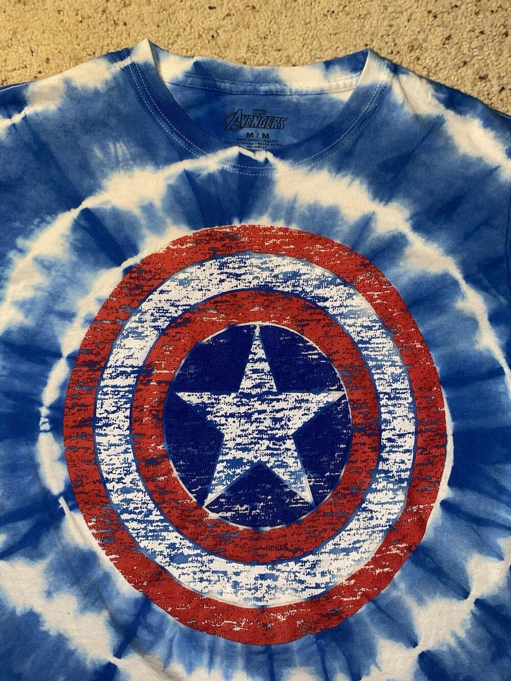 Rare Captain America Adult Medium Marvel Tie Dye Distressed Logo Shield Tee